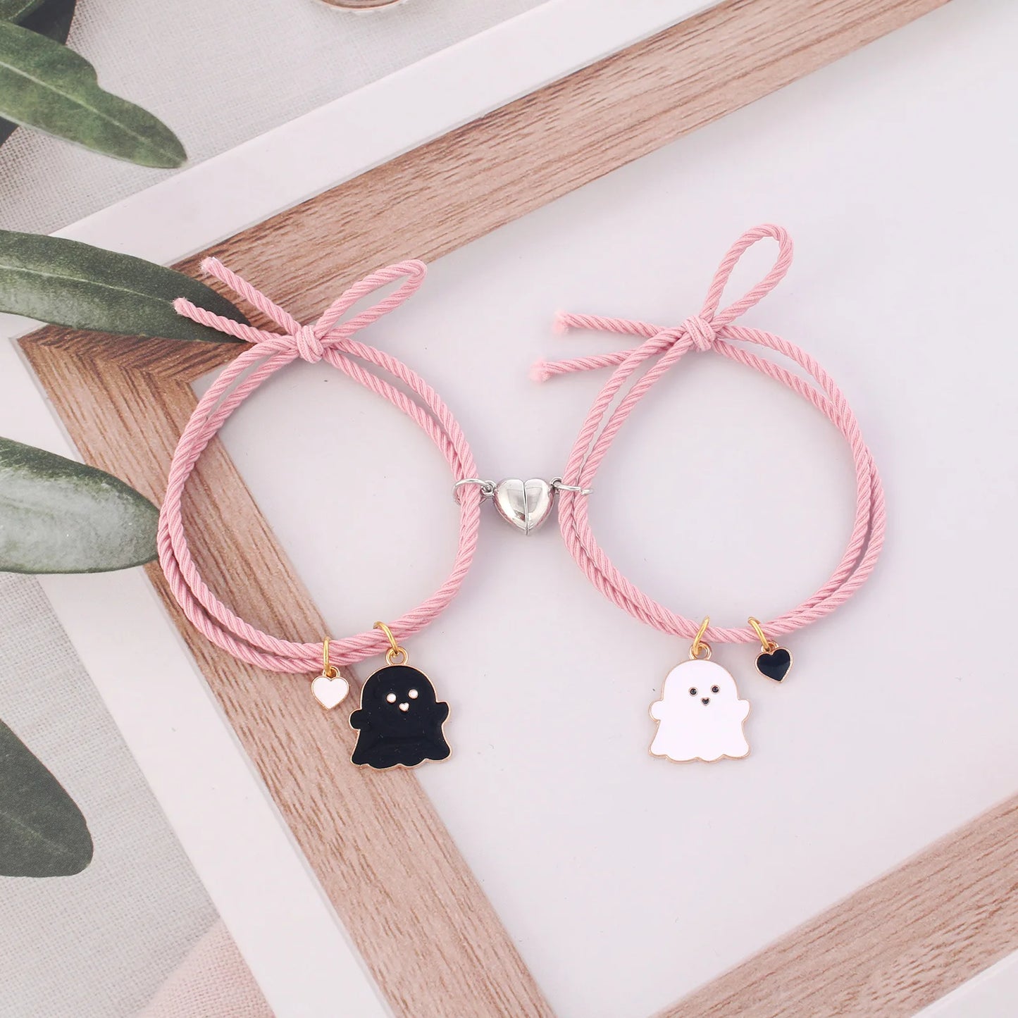 Halloween 2Pcs/Set Ghost Braided Bracelet for Lovers Long Distance Heart Magnet Couple Bracelets Friendship Fashion Jewelry Gift