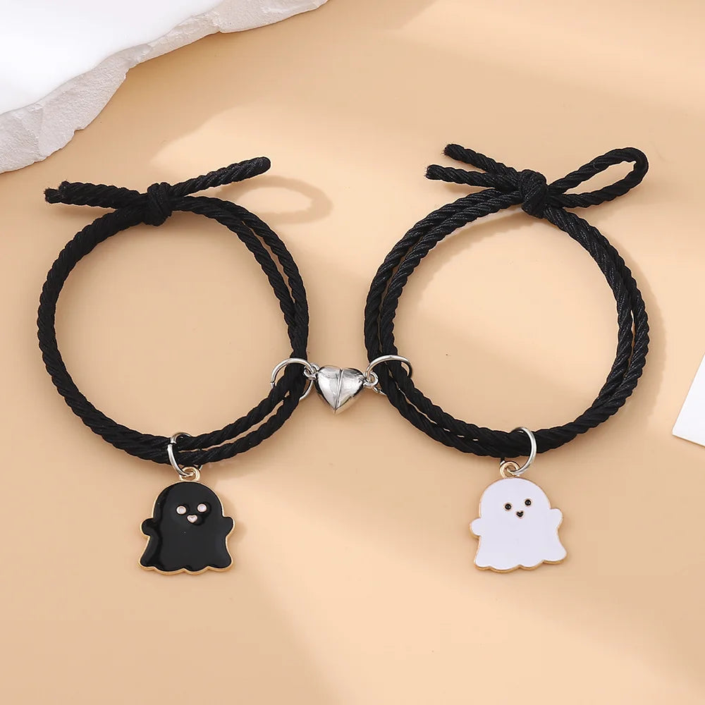 Halloween 2Pcs/Set Ghost Braided Bracelet for Lovers Long Distance Heart Magnet Couple Bracelets Friendship Fashion Jewelry Gift